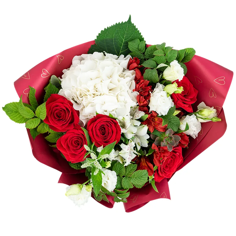 Букет из белой гортензии, роз, эустом и альстромерий с эхеверией (01724)