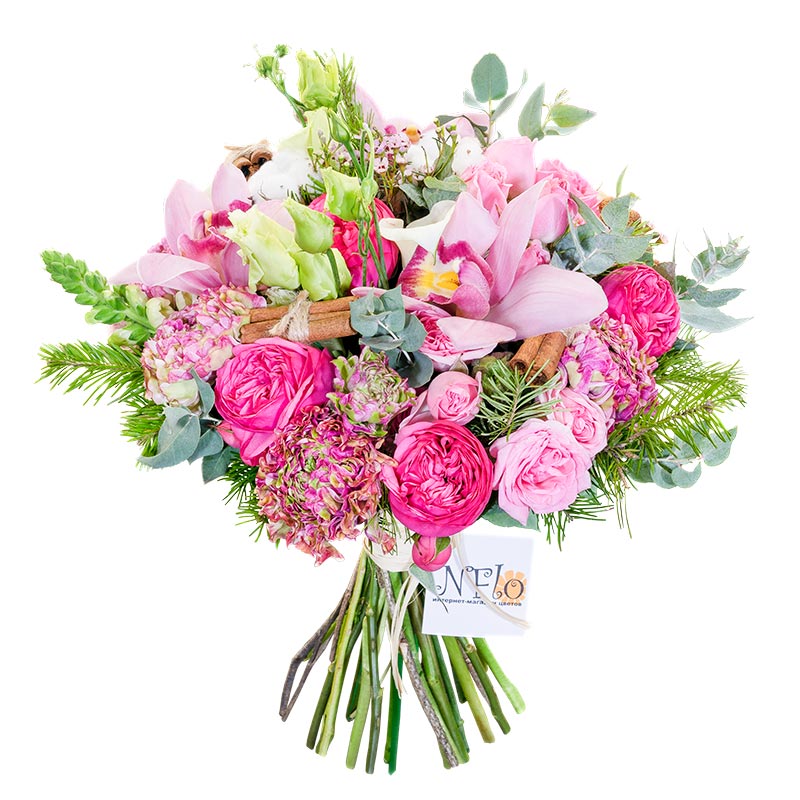Букет из роз, орхидей, ранункулюсов, калл и эустом с хлопоком и корицей (01003)