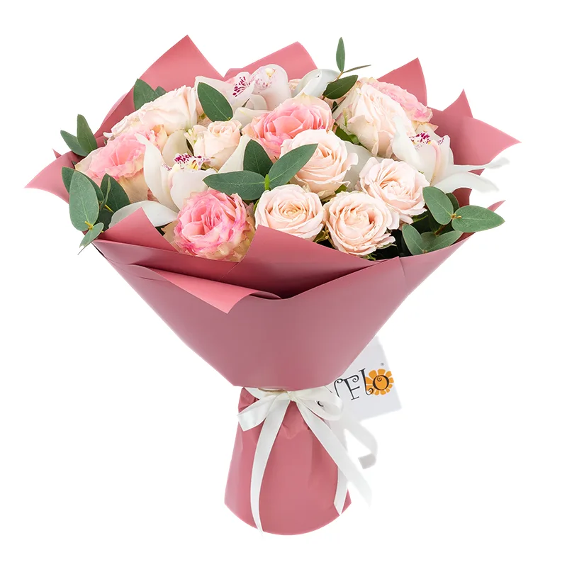Розовый букет из роз, кустовых роз и орхидей (01289)