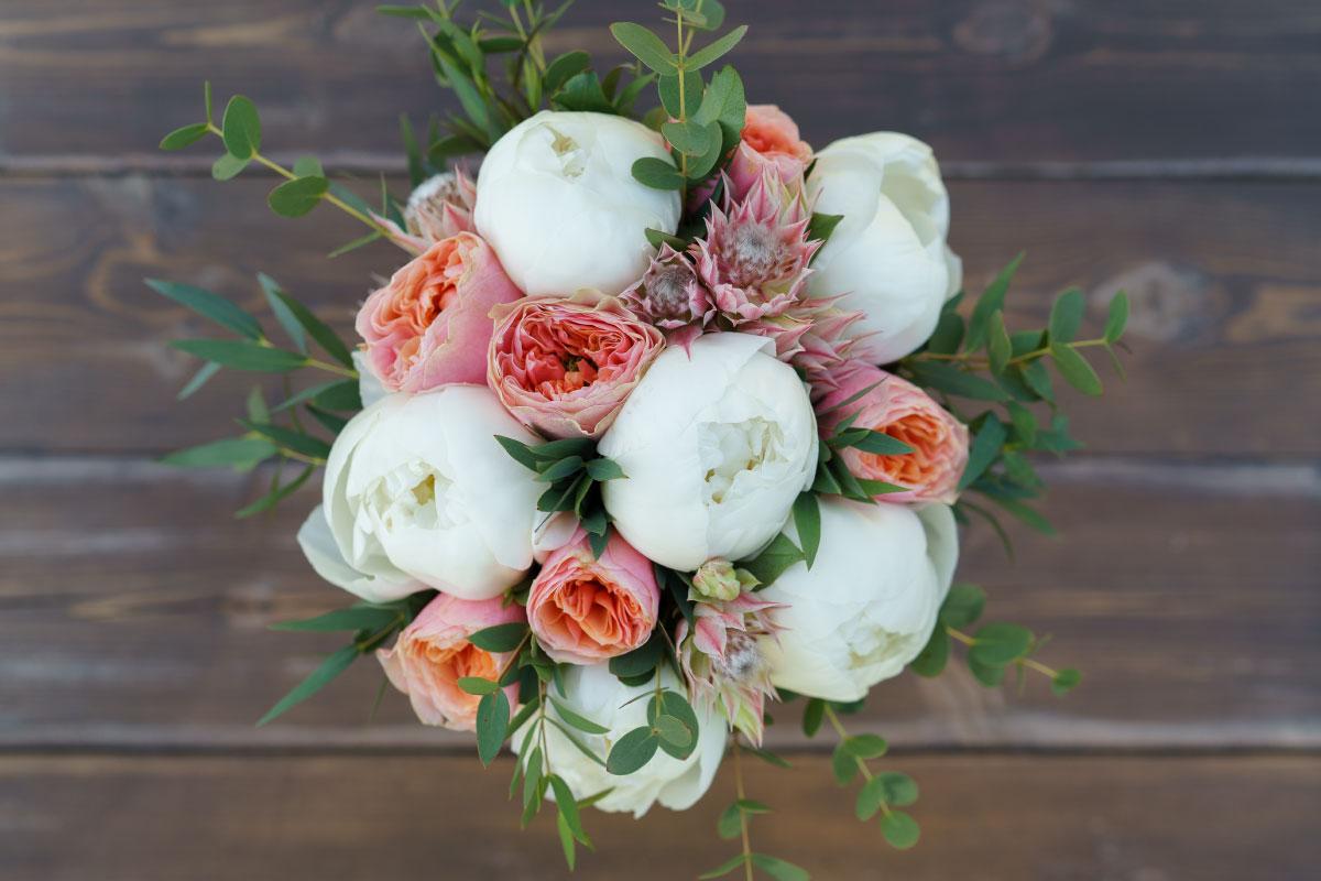 Свадебный букет из белых пионов и роз с серрурией (00809)