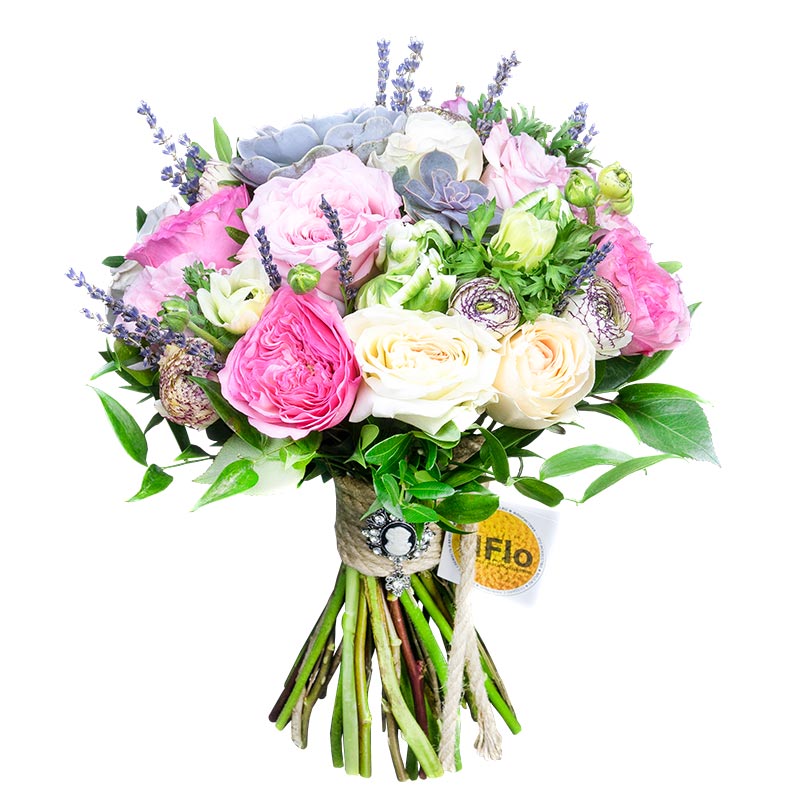 Букет из роз, ранункулюсов, тюльпанов и анемон с эхевериями (00712)