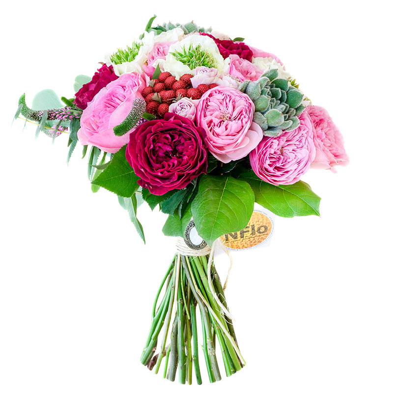 Букет из роз Грин Ай, роз Дэвида Остина Рэд Тэсс, пионовидных роз и эхеверий (00474)