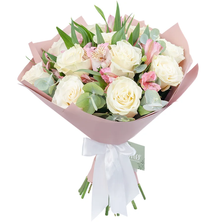 Букет из 15 цветов — белых роз Мондиаль и розовых альстромерий (03232)