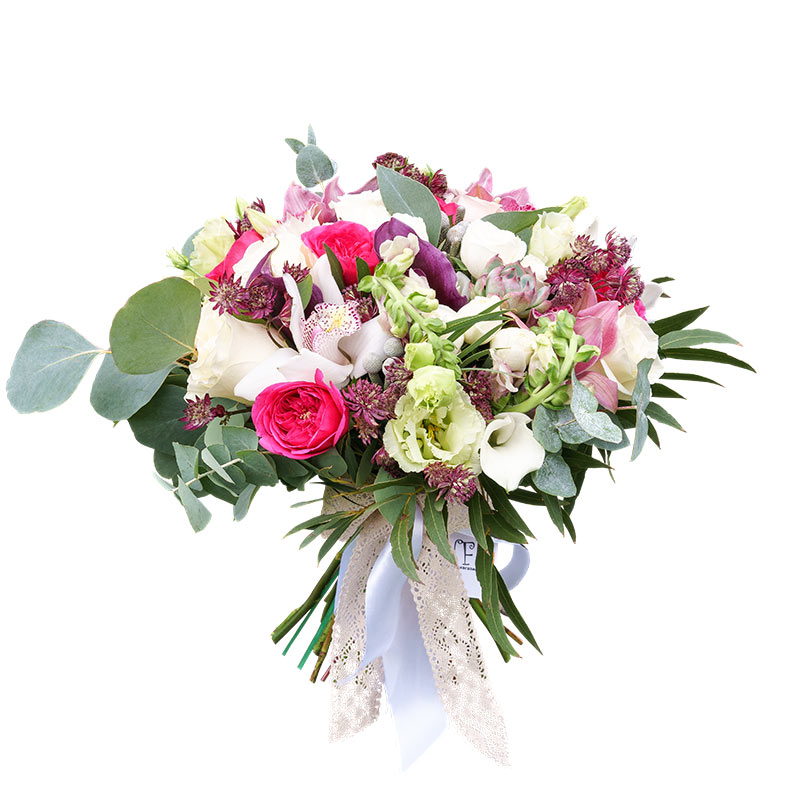 Букет из роз, орхидей, калл и эустом с эхеверией (00986)