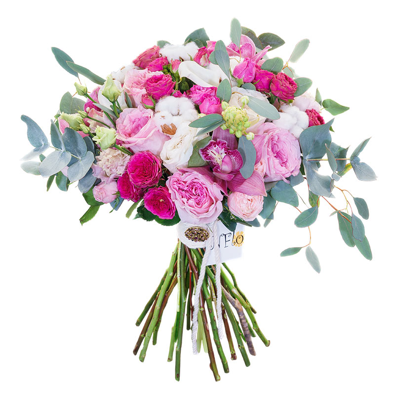 Букет из роз, орхидей, эустом и калл с хлопком (01061)