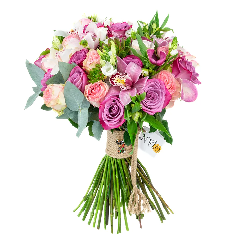 Букет из роз, орхидей, альстромерий, калл и эустом с эхевериями (01181)