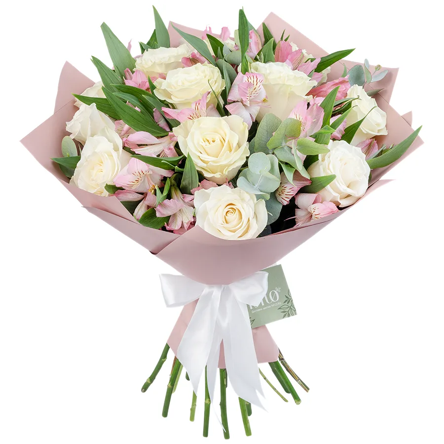 Букет из 19 цветов — белых роз Мондиаль и розовых альстромерий (03231)