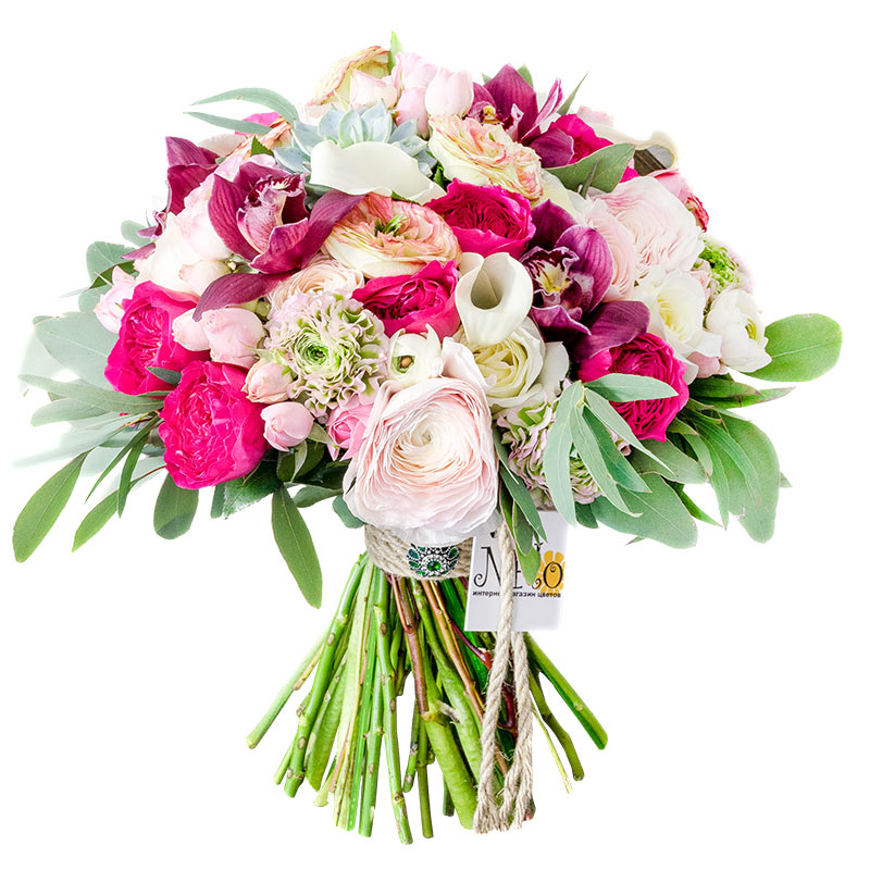 Букет из роз, орхидей, ранункулюсов и калл с эхеверией (00920)