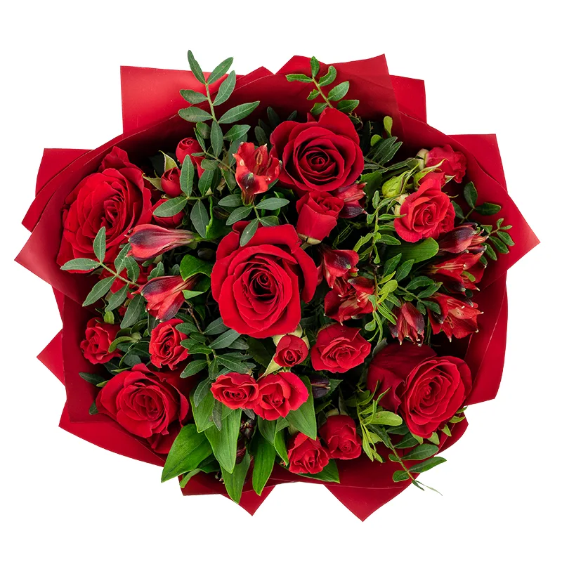 Красный букет из роз, кустовых роз и альстромерий (01287)