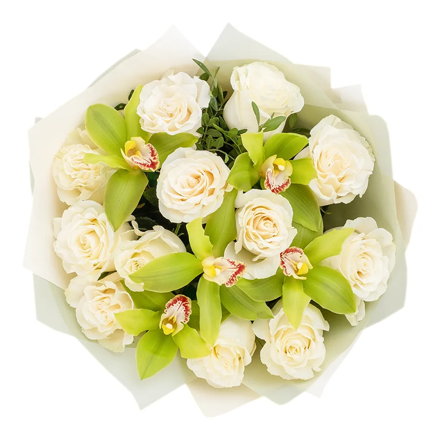 Букет из 17 цветов — белых роз Мондиаль и зеленых орхидей Цимбидиум (02481)