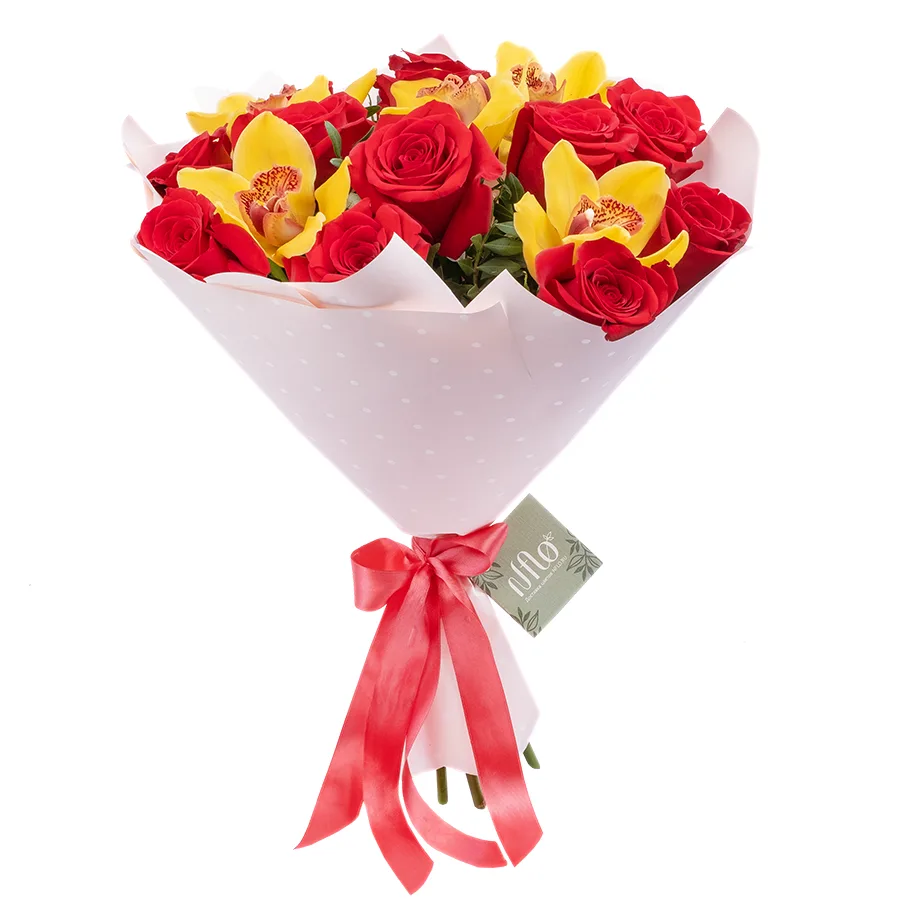 Букет из 17 цветов — красных роз Фридом и желтых орхидей Цимбидиум (02478)