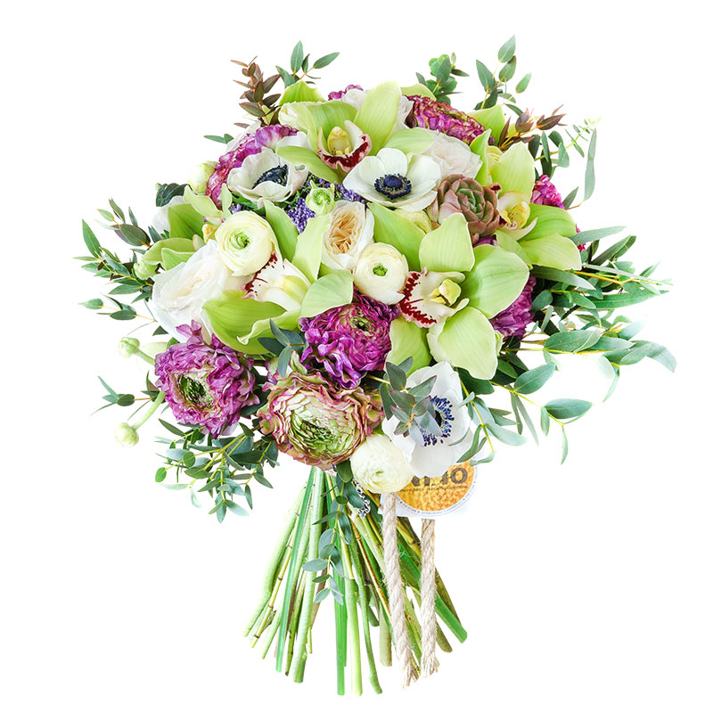 Букет из роз, орхидей, ранункулюсов и анемон с эхеверией (00753)