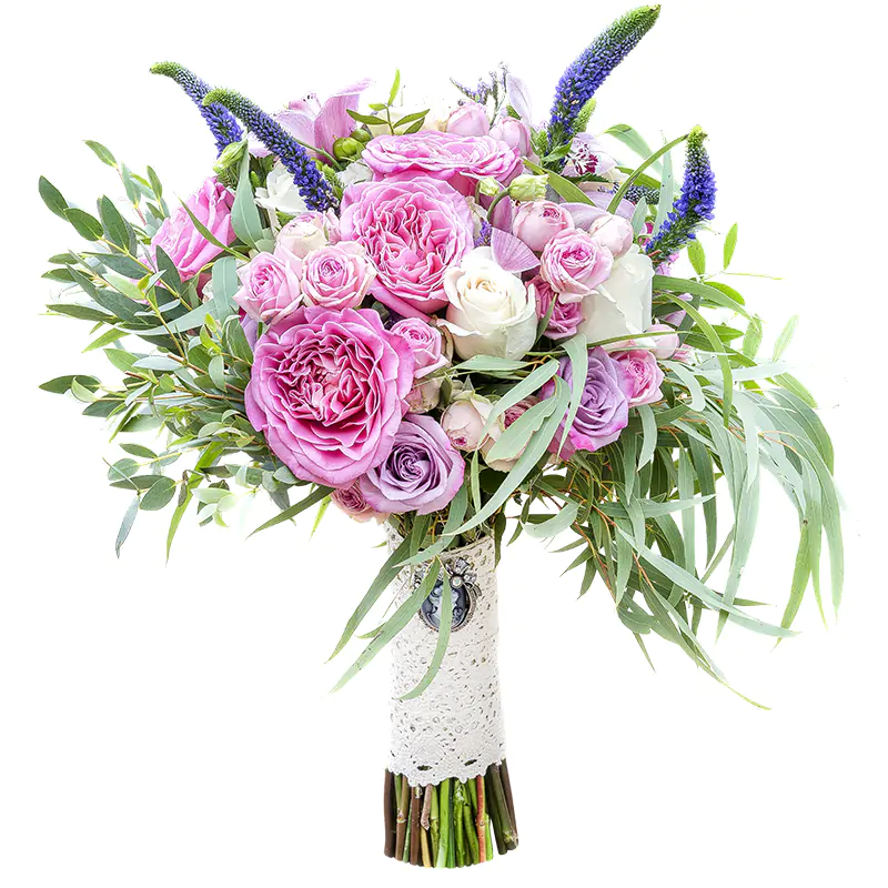 Cвадебный букет из роз, орхидей и эустом с эхевериями (00590)