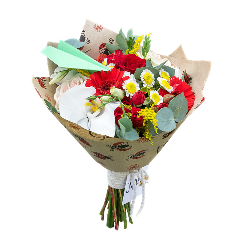 Букет на 1 сентября из роз, орхидей, гербер, хризантем, эустом и фрезий (01055)