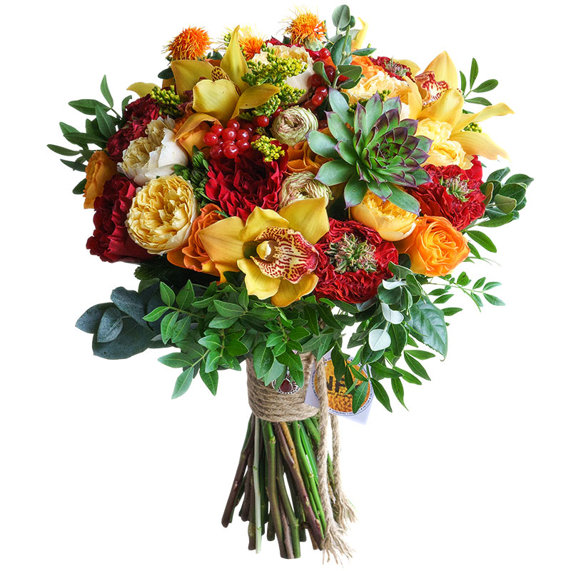 Букет из роз и орхидей с сафлор, эхевериями и калиной (00617)