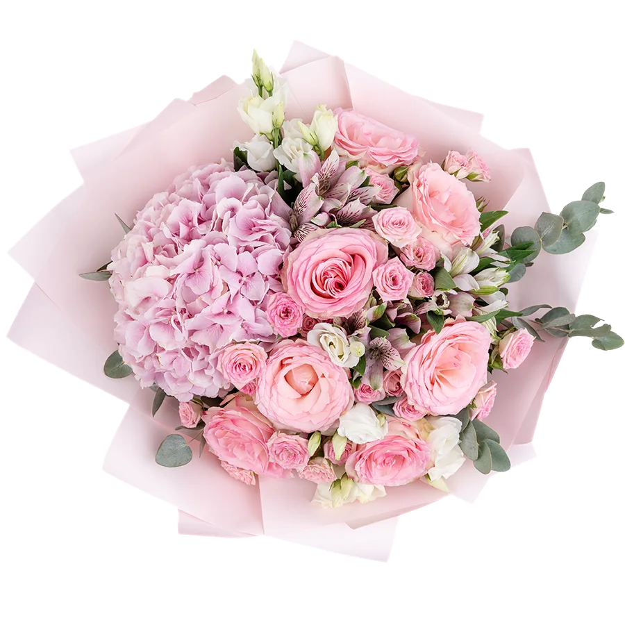 Букет из розовой гортензии, роз, альстромерий и эустом (01225)