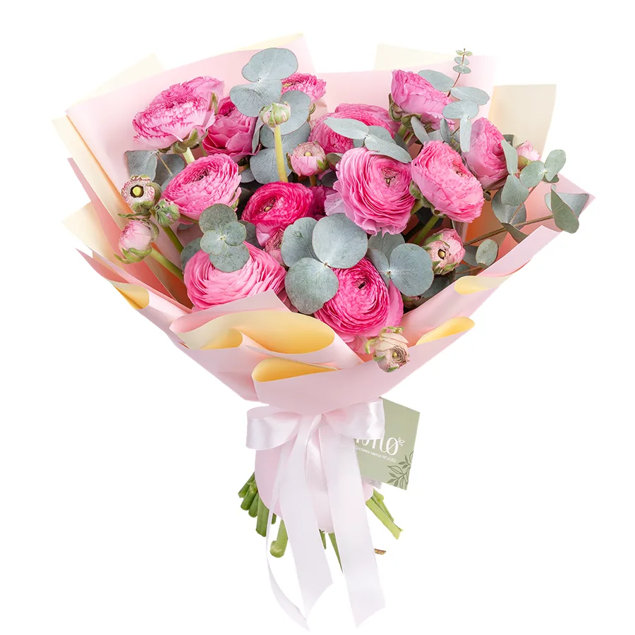 Букет из 15 розовых ранункулюсов Азур Роуз с эвкалиптом (03157)