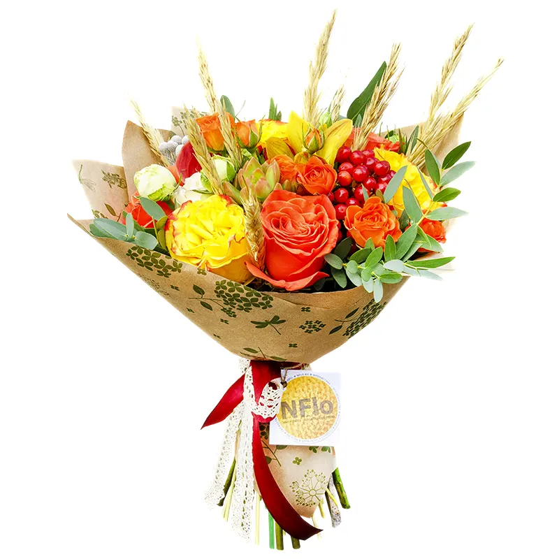 Букет из роз, орхидей и калл с калиной, эхеверией и колосьями (00839)