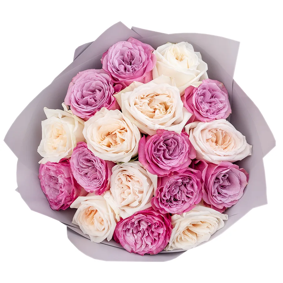 Букет из 17 белых и сиреневых садовых роз Вайт О'Хара и Квинс Краун (02550)