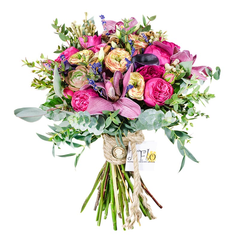 Букет из роз, орхидей, калл и эустом с эхеверией и корицей (00899)