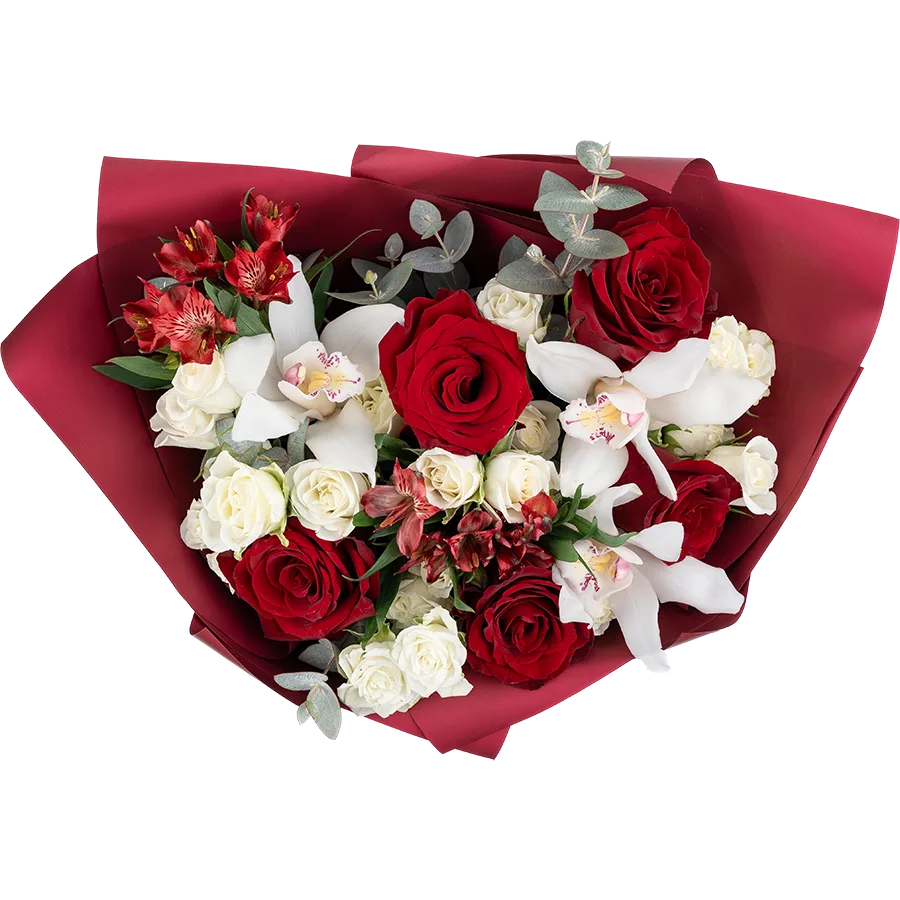 Букет из роз, кустовых роз, орхидей и альстромерий (03838)