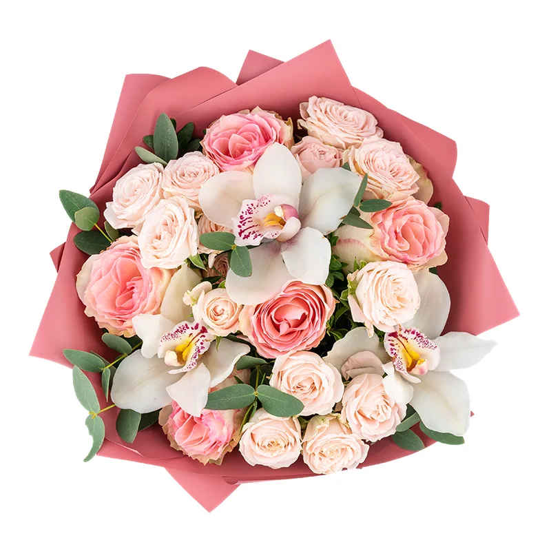 Розовый букет из роз, кустовых роз и орхидей (01289)