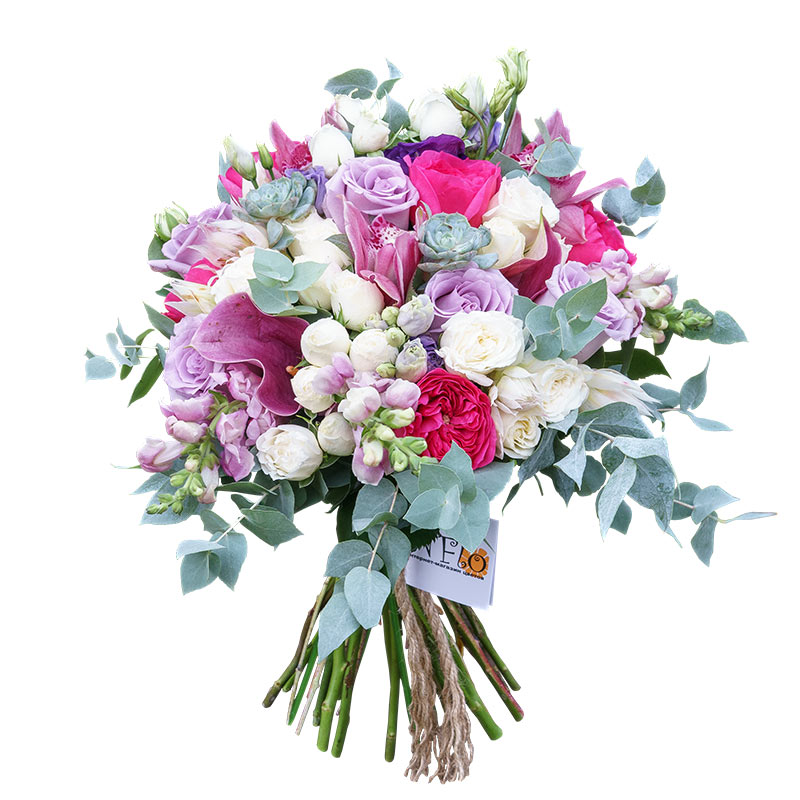 Букет из роз, орхидей, калл и эустом с эхевериями (00989)
