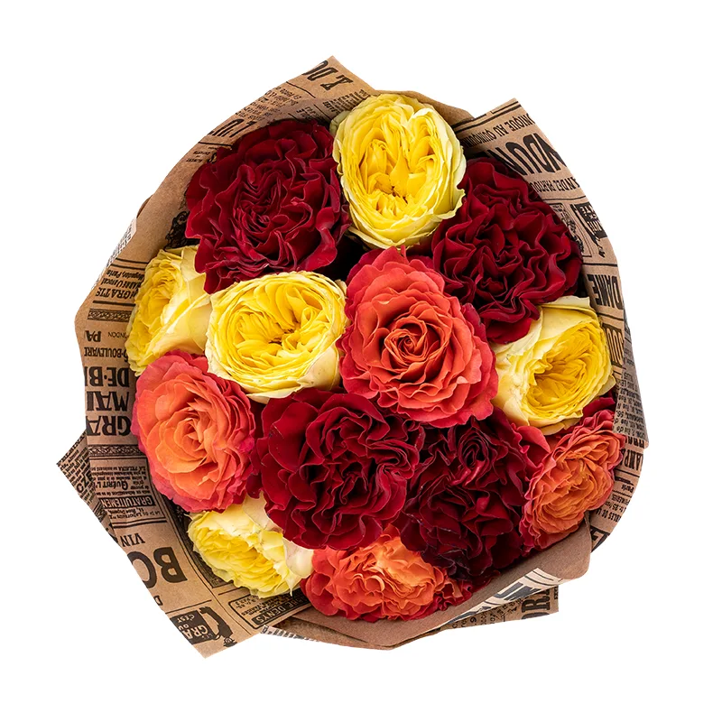 Букет из 13 красных, жёлтых и оранжевых садовых роз (01870)