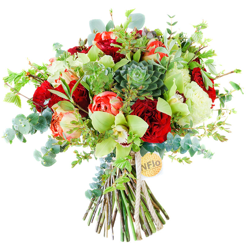 Букет из роз, орхидей и тюльпанов c эхевериями и зеленью (00778)
