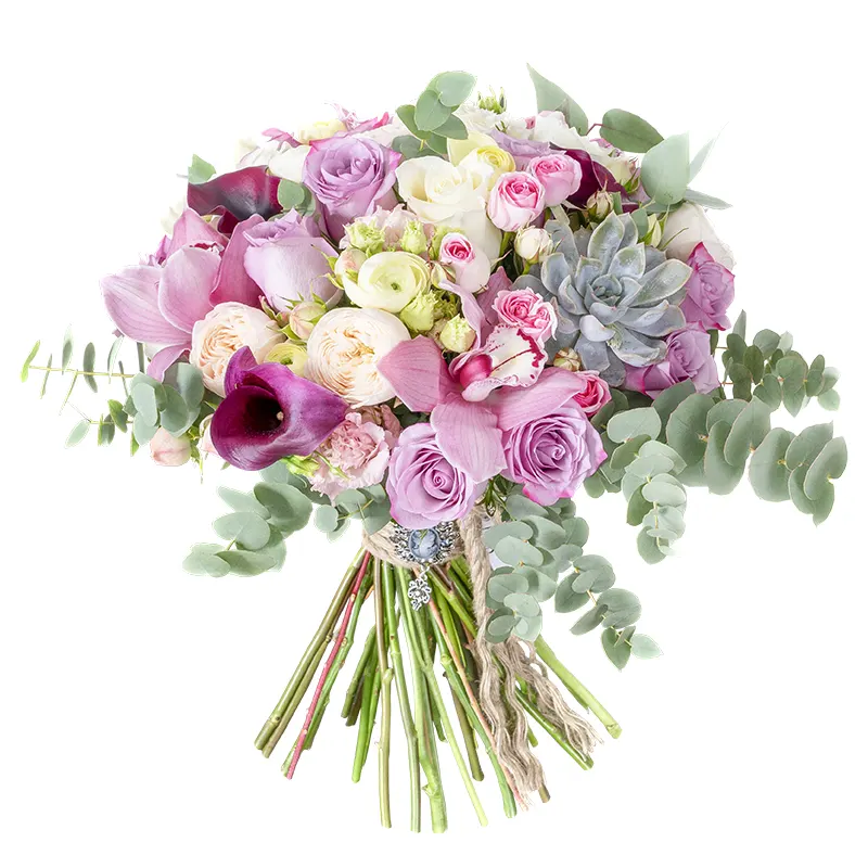 Букет из роз, орхидей, ранункулюсов, калл и эустом с эхеверией (01085)