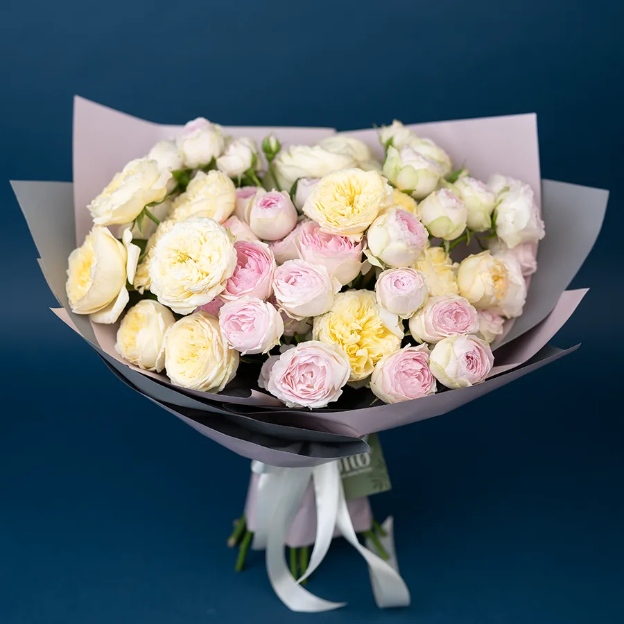 Букет из 13 нежных кустовых пионовидных роз Роял Парк и Дедикейшн (02754)