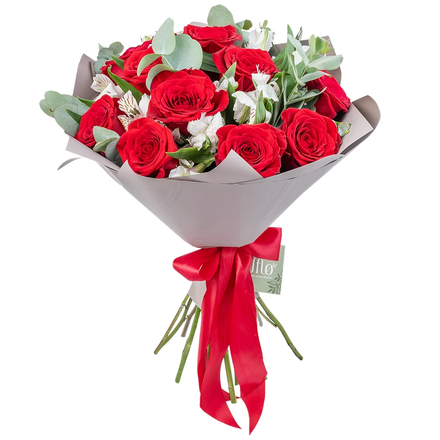 Букет из 15 цветов — красных роз Фридом и белых альстромерий (03235)