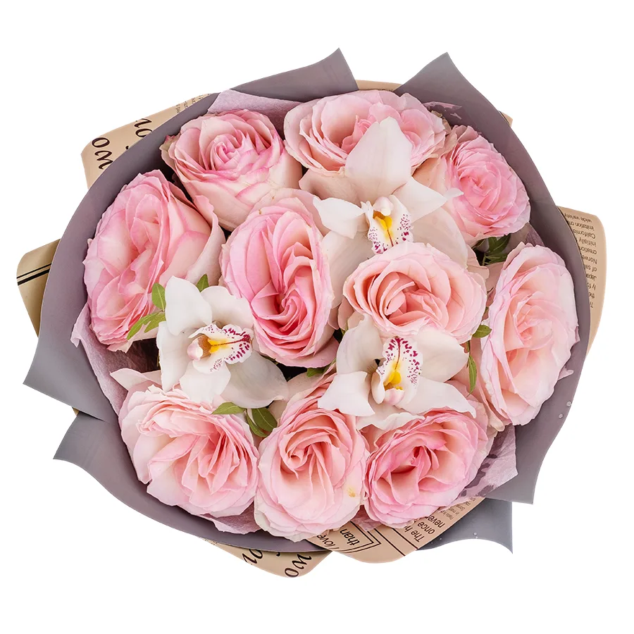 Букет из 13 цветов — розовых роз Эсперанс и белых орхидей Цимбидиум (02469)