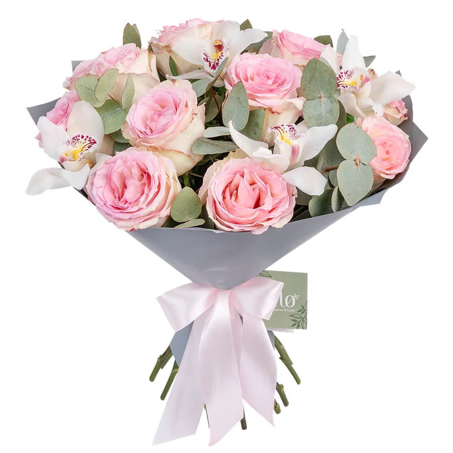 Букет из 17 цветов — розовых роз Эсперанс и белых орхидей Цимбидиум (02429)