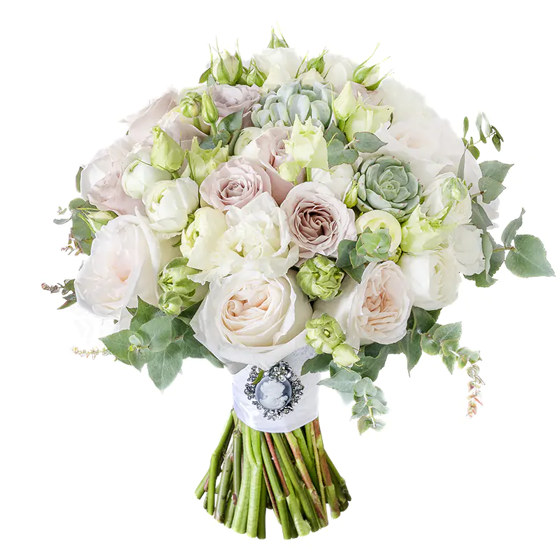Букет невесты из роз, ранункулюсов и эустом и эхевериями (01026)