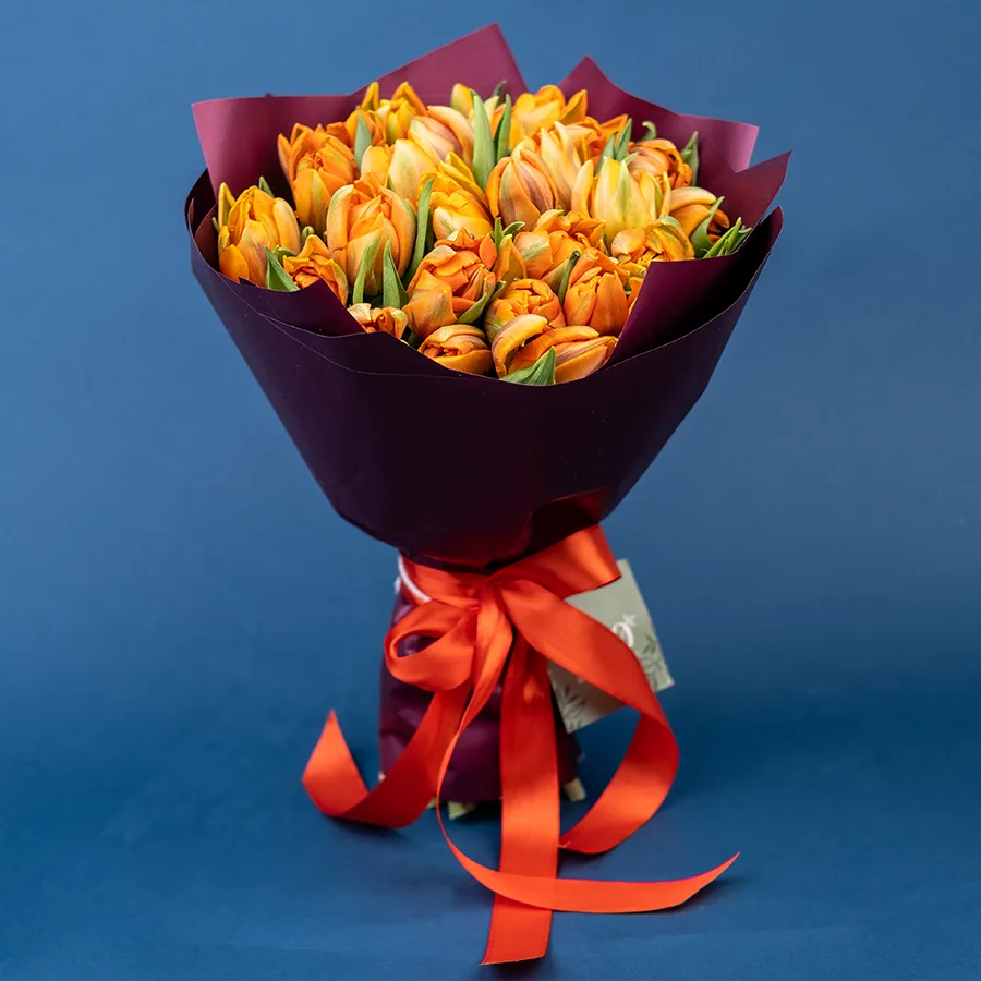 Букет из 25 оранжевых махровых тюльпанов Оранж Принцесс (02247)