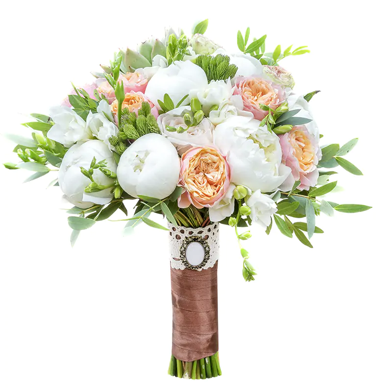 Свадебный букет из пионов, роз, фрезий и эхеверии (00585)