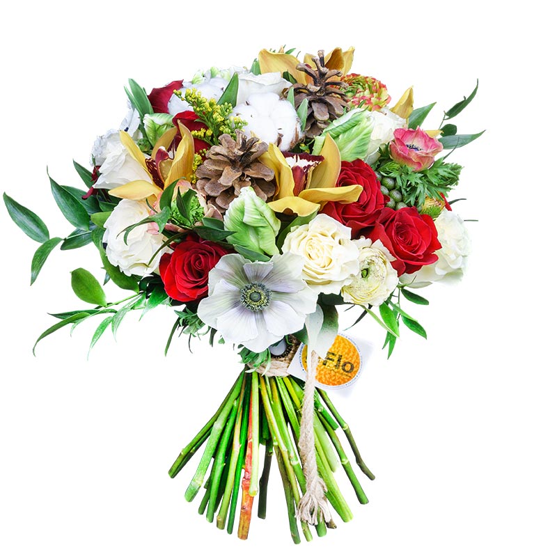 Букет из роз, орхидей, ранункулюсов, тюльпанов и анемон с протеей, хлопком и шишками (00709)