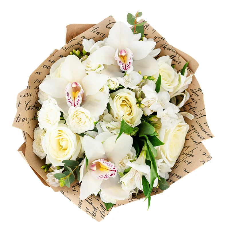Белый букет из роз, кустовых роз, орхидей, альстромерий и фрезий (01291)
