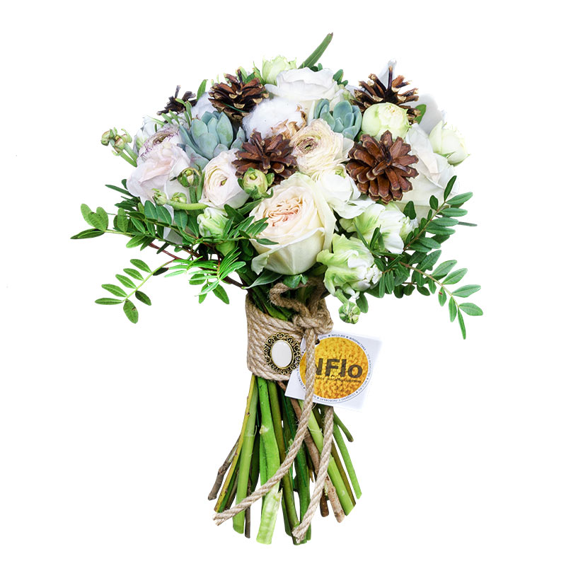 Букет из роз, орхидей, ранункулюсов и тюльпанов с хлопком, эхевериями и шишками (00677)