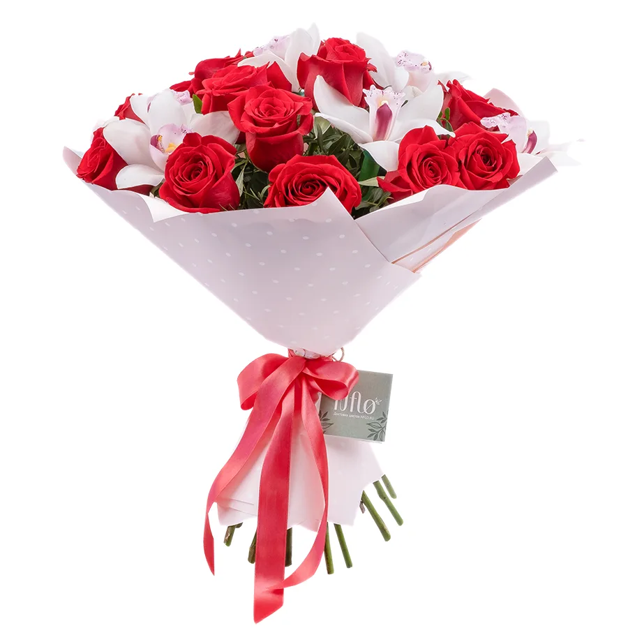 Букет из 23 цветов — красных роз Фридом и белых орхидей Цимбидиум (02471)