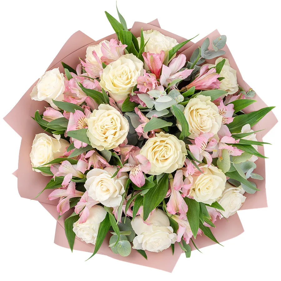 Букет из 23 цветов — белых роз Мондиаль и розовых альстромерий (03230)
