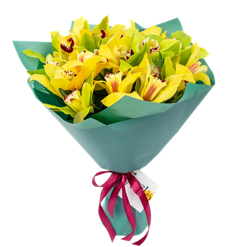 Букет из 17 зелёных и жёлтых орхидей Цимбидиум (01190)