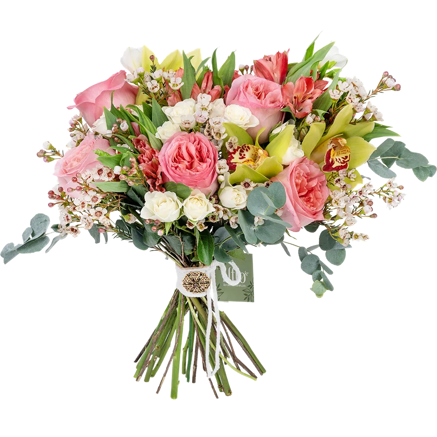 Букет из роз, орхидей, альстромерий и фрезий с хамелациум (03841)