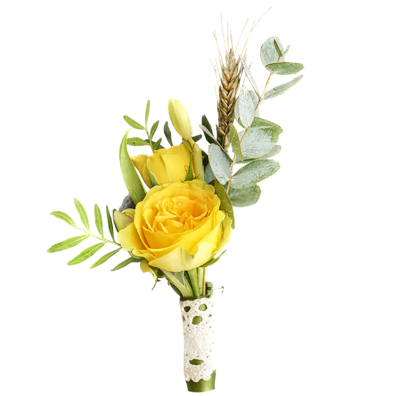 Бутоньерка из роз и тюльпанов с рожью и брунией (00650)