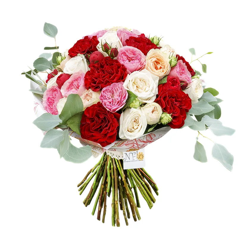 Большой букет из 51 пионовидной розы в крафте (00862)