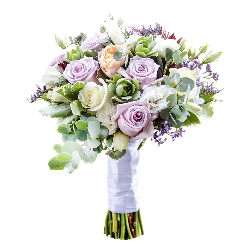 Свадебный букет из роз, кустовых роз, эустом и эхеверий (00285)