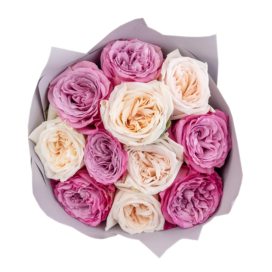 Букет из 11 белых и сиреневых садовых роз Вайт О'Хара и Квинс Краун (02553)