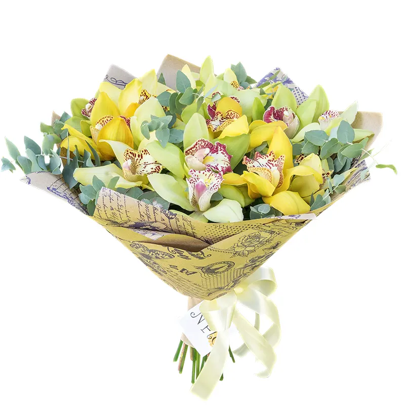 Букет из 19 зелёных и жёлтых орхидей Цимбидиум (01060)