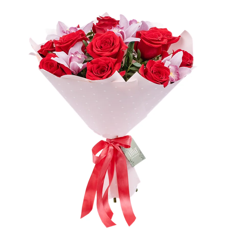 Букет из 17 цветов — красных роз Фридом и розовых орхидей Цимбидиум (02475)